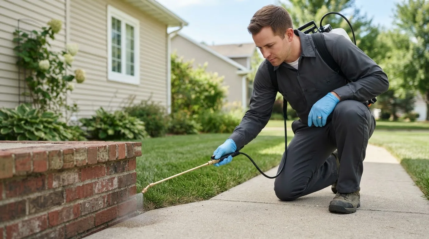 Pest control technician treating a home near Jesup, IA