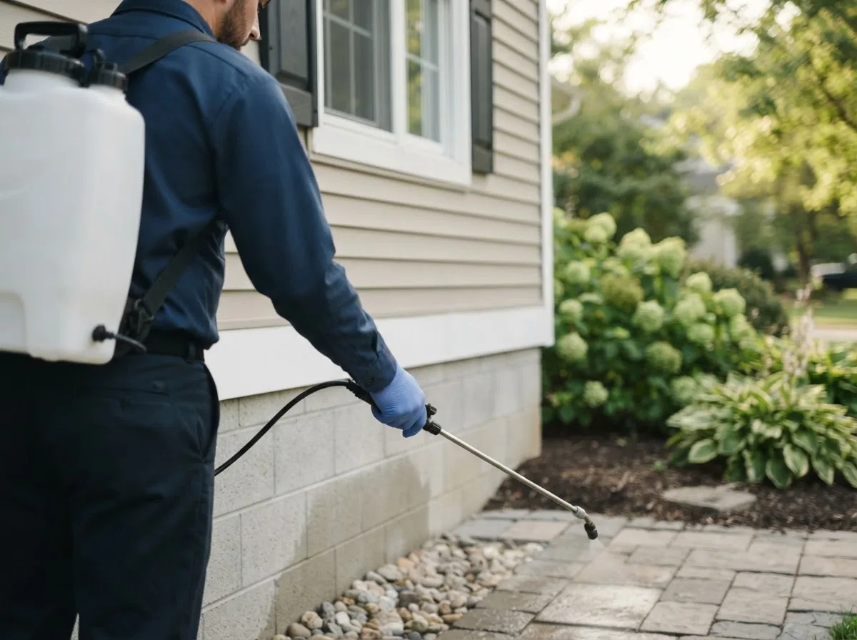 Pest control technician inspecting a home in Jesup, IA
